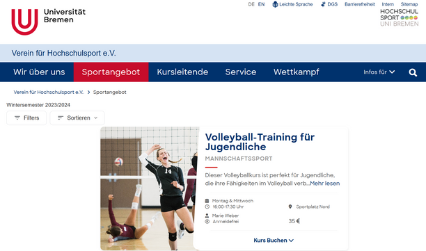 Sportcourse -  Website solution of Usability problem  of Uni Bremen Website . designed by Mohamad Alaskari - Alaskari Design - Medieninformatik